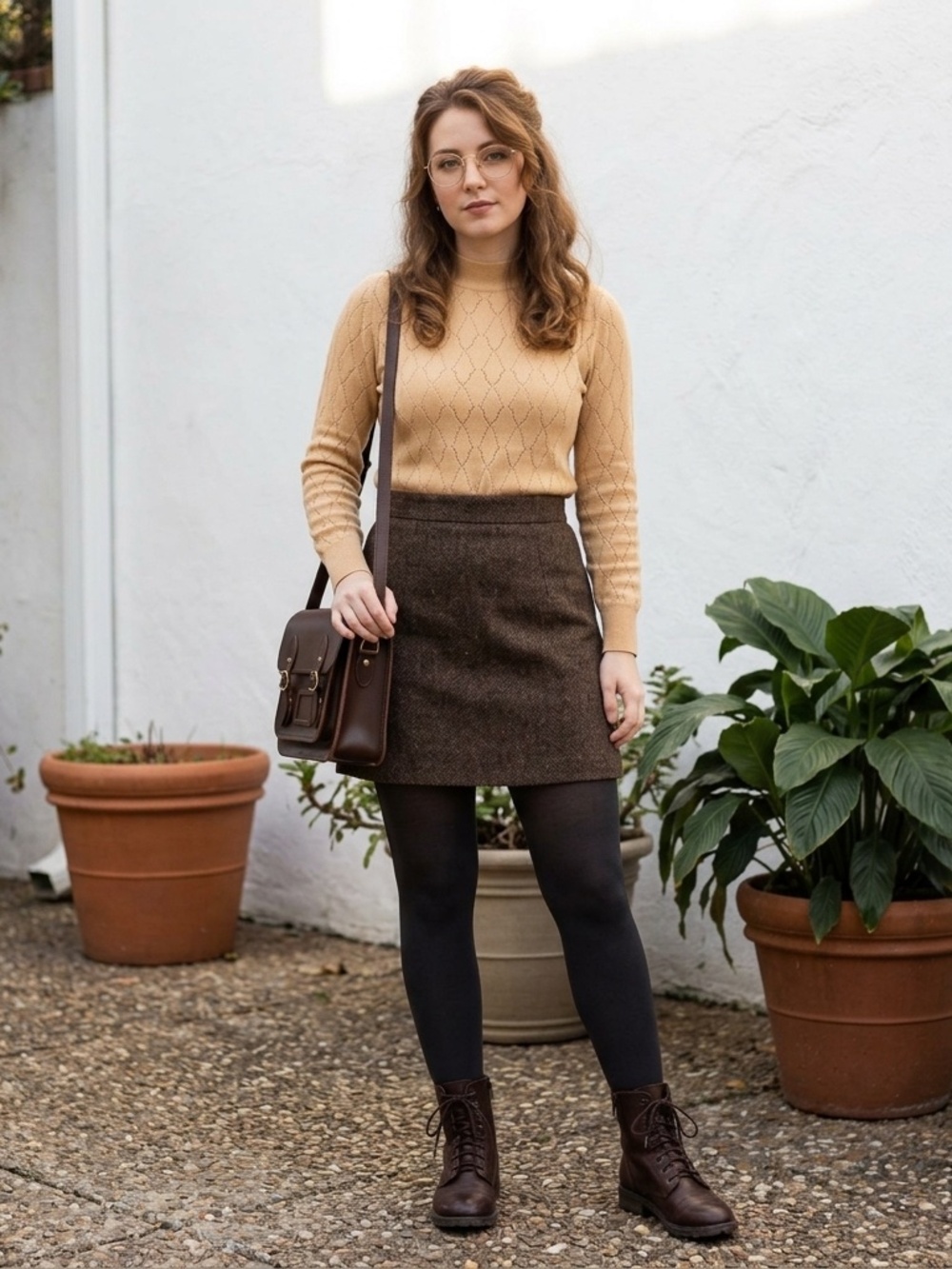 Vintage 1970s Tan Diamond Pointelle Knit Mock Collar Top Retro
